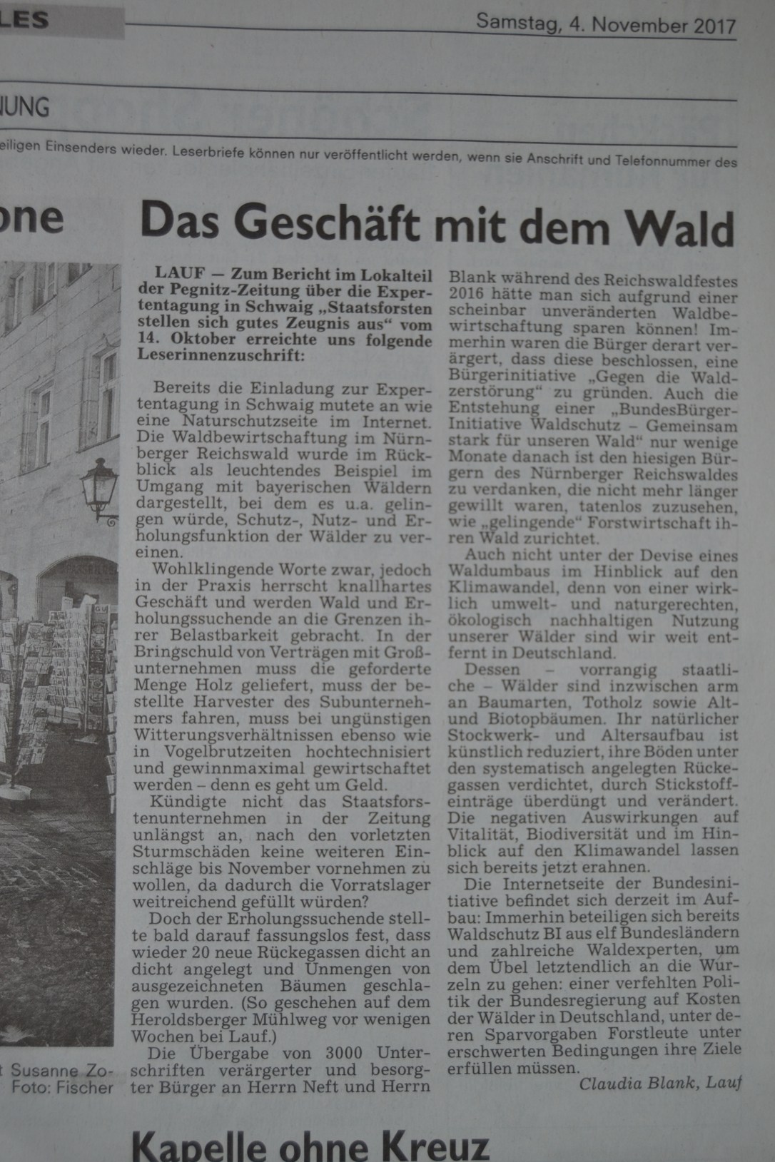 Leserbrief Claudia Blank vom 04.11.2017 in der Pegnitzzeitung